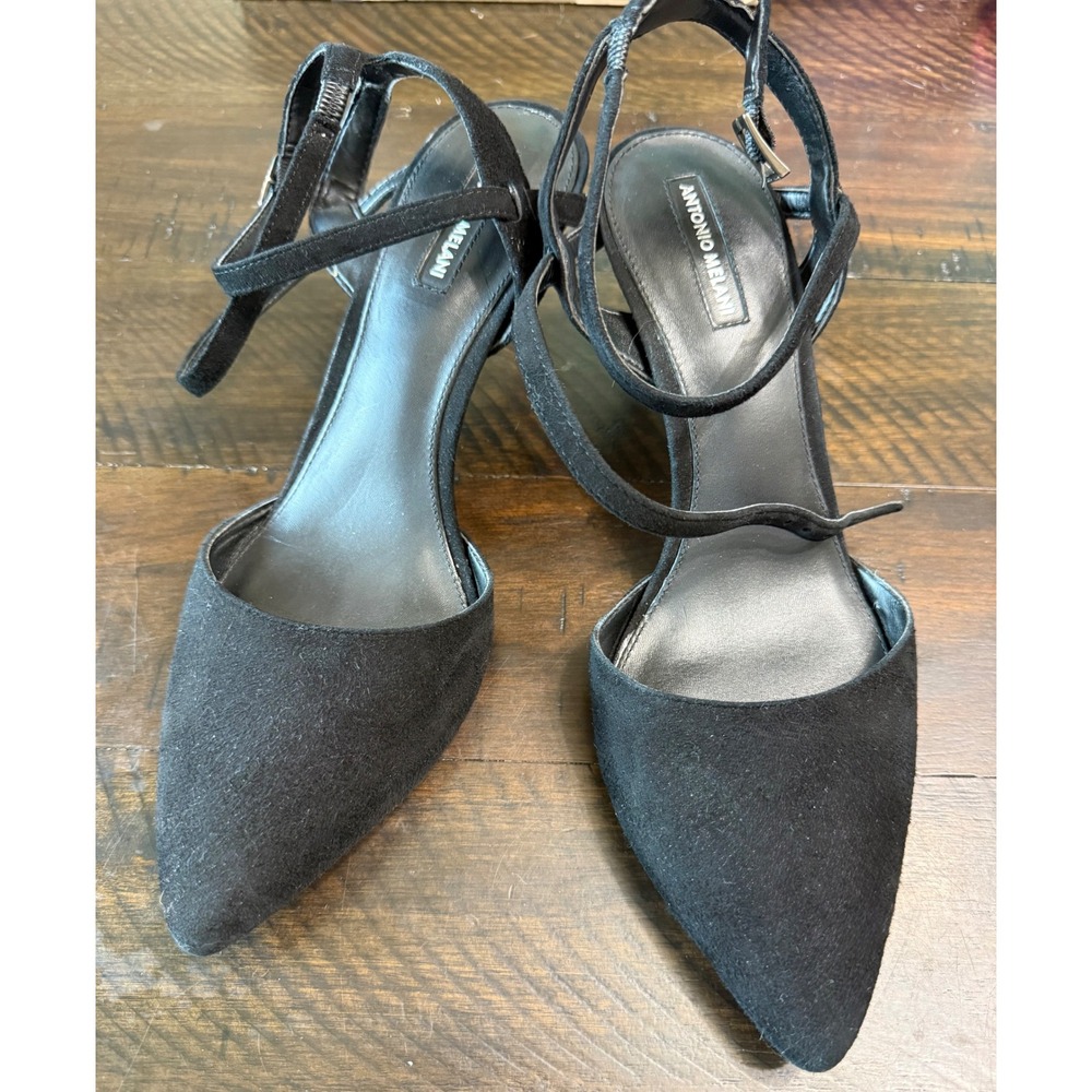 Antonio Melani Women 9M Kitten Heel Ankle Straps Black Pointed Toe Style Work